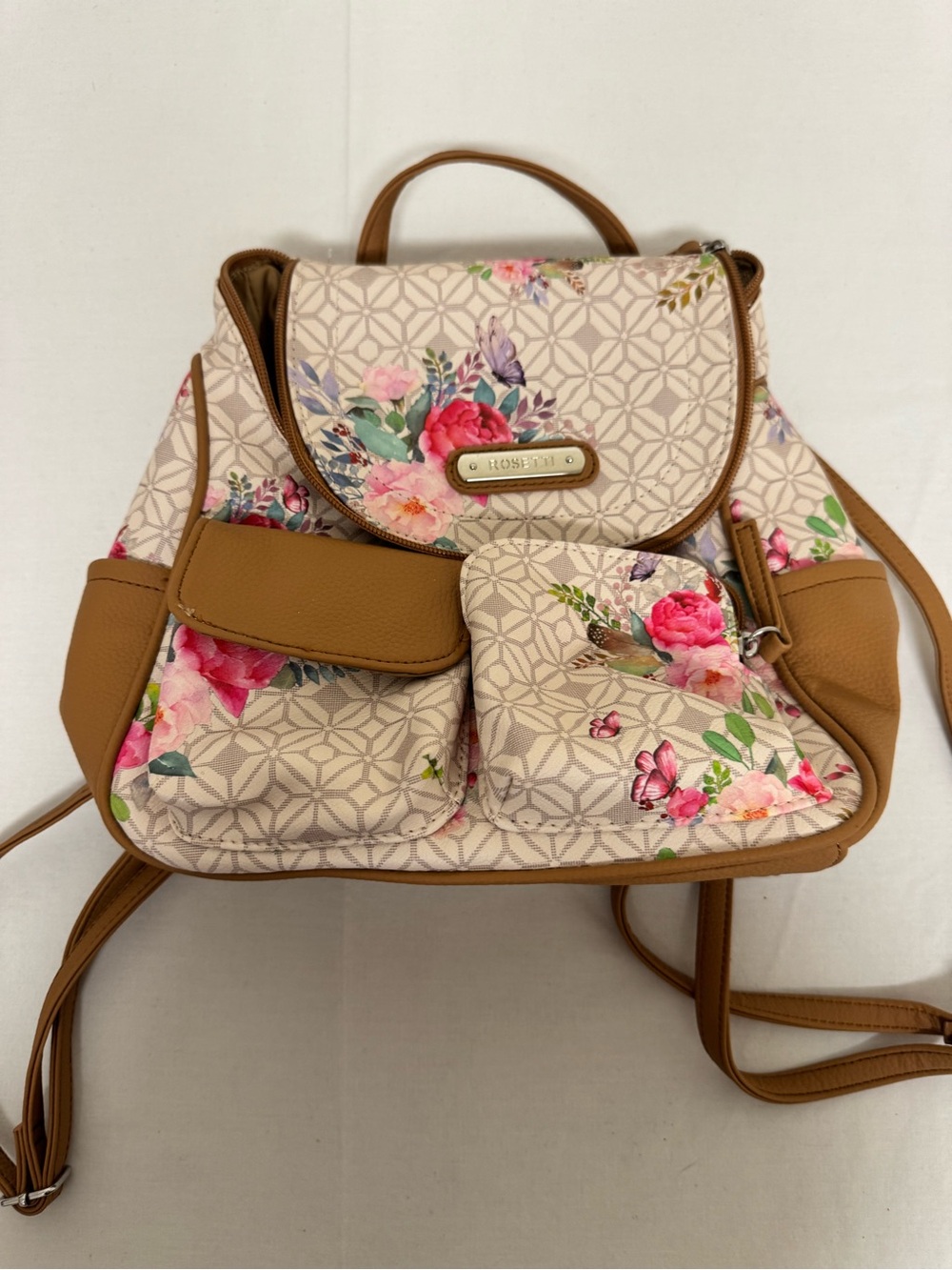 Rosetti Beige Floral Backpack with Tan Trim